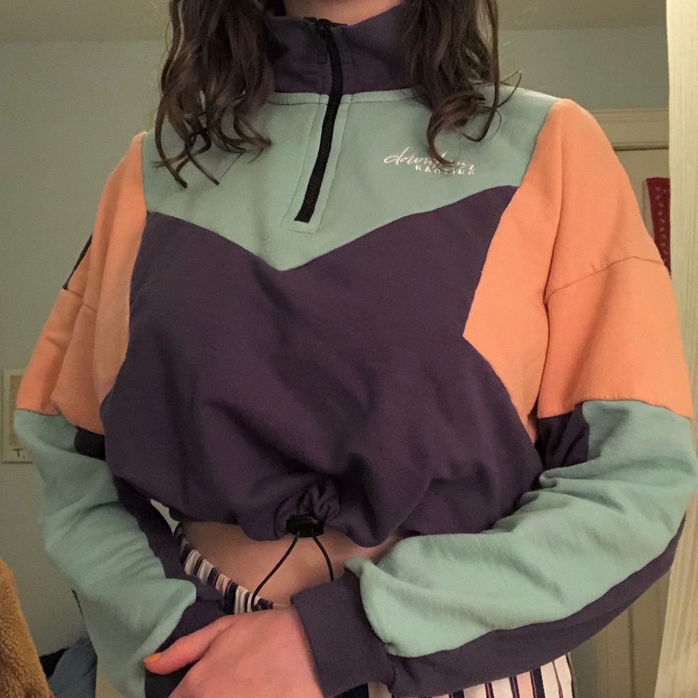 color block cropped zip up drawstring sweatshirt